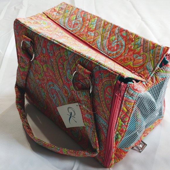NWT QK Peach/Coral Teal Paisley Quilted Dog Cat Pet Carrier Bag